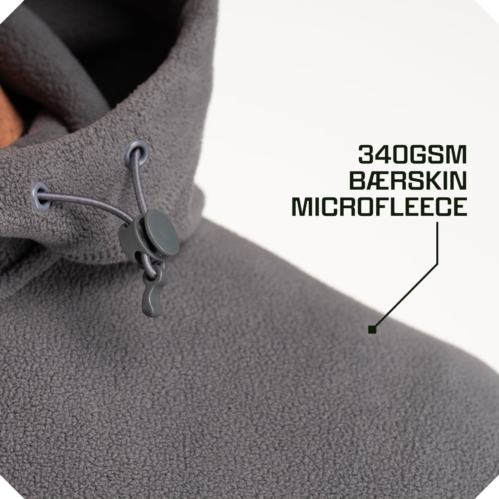 Close-up of gray fleece hoodie collar with adjustable toggle drawstring, showing 340GSM Bærskin microfleece fabric texture