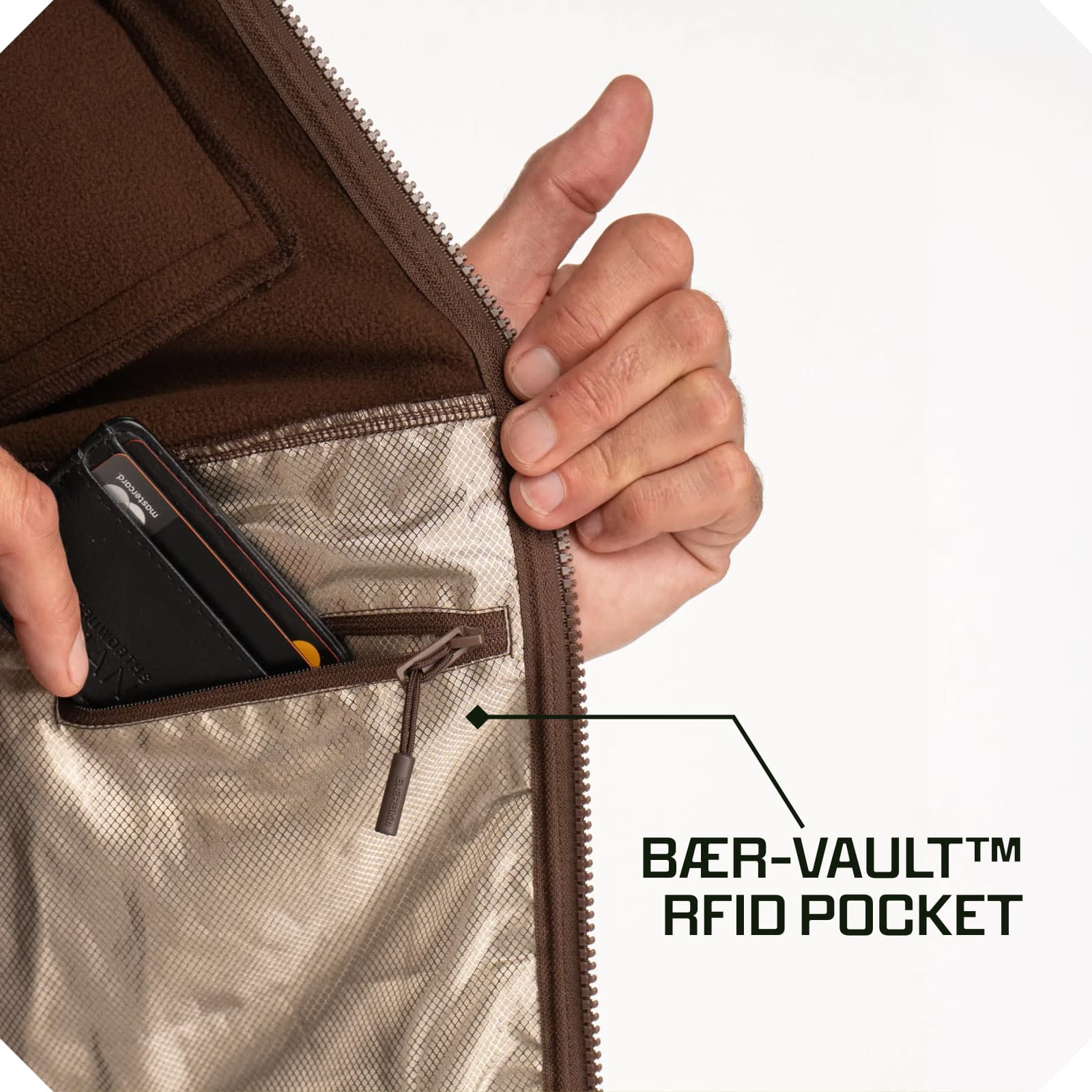 Interior zippered Bær-Vault RFID pocket in jacket lining holding a wallet