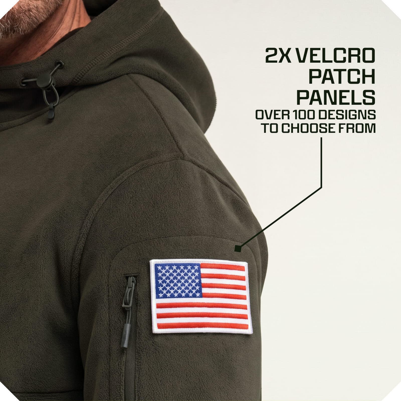 Olive tactical hoodie sleeve with American flag velcro patch and zip pocket, featuring 2 velcro patch panels