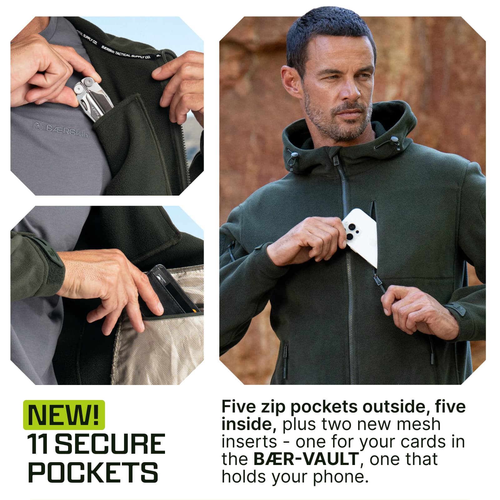 Green fleece hooded jacket showing 11 secure zip pockets, including inner pockets holding a multitool, wallet, and phone