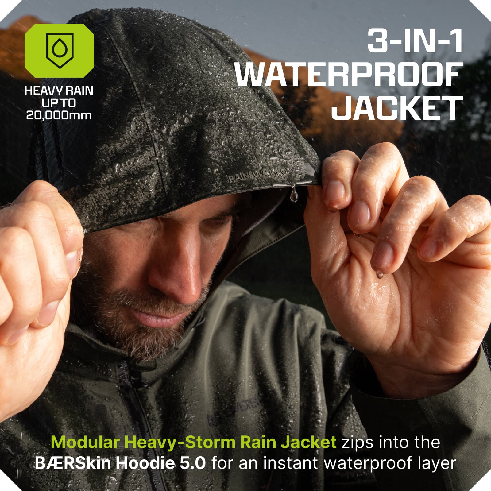 Man pulling up hood of waterproof jacket, water droplets beading on fabric and hands in heavy rain