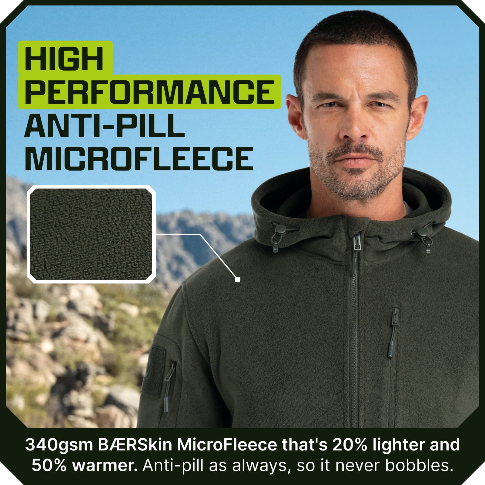 Man wearing olive green hooded microfleece jacket with zip pockets and adjustable hood toggles, fabric texture swatch shown