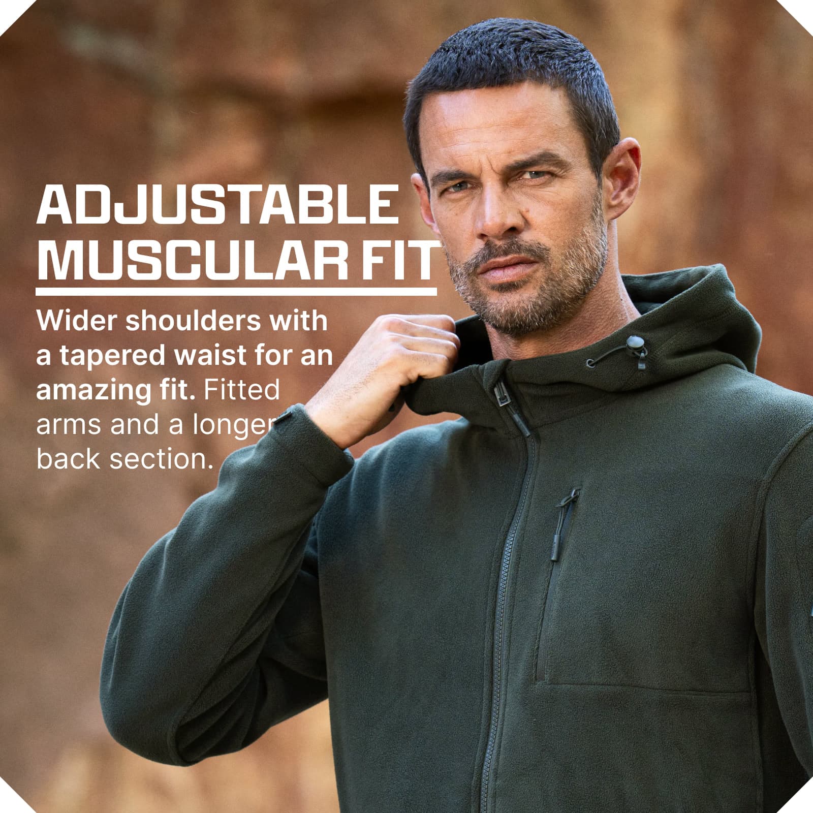 Man wearing olive green fleece zip-up hoodie with chest pocket, tapered waist and wider shoulder fit
