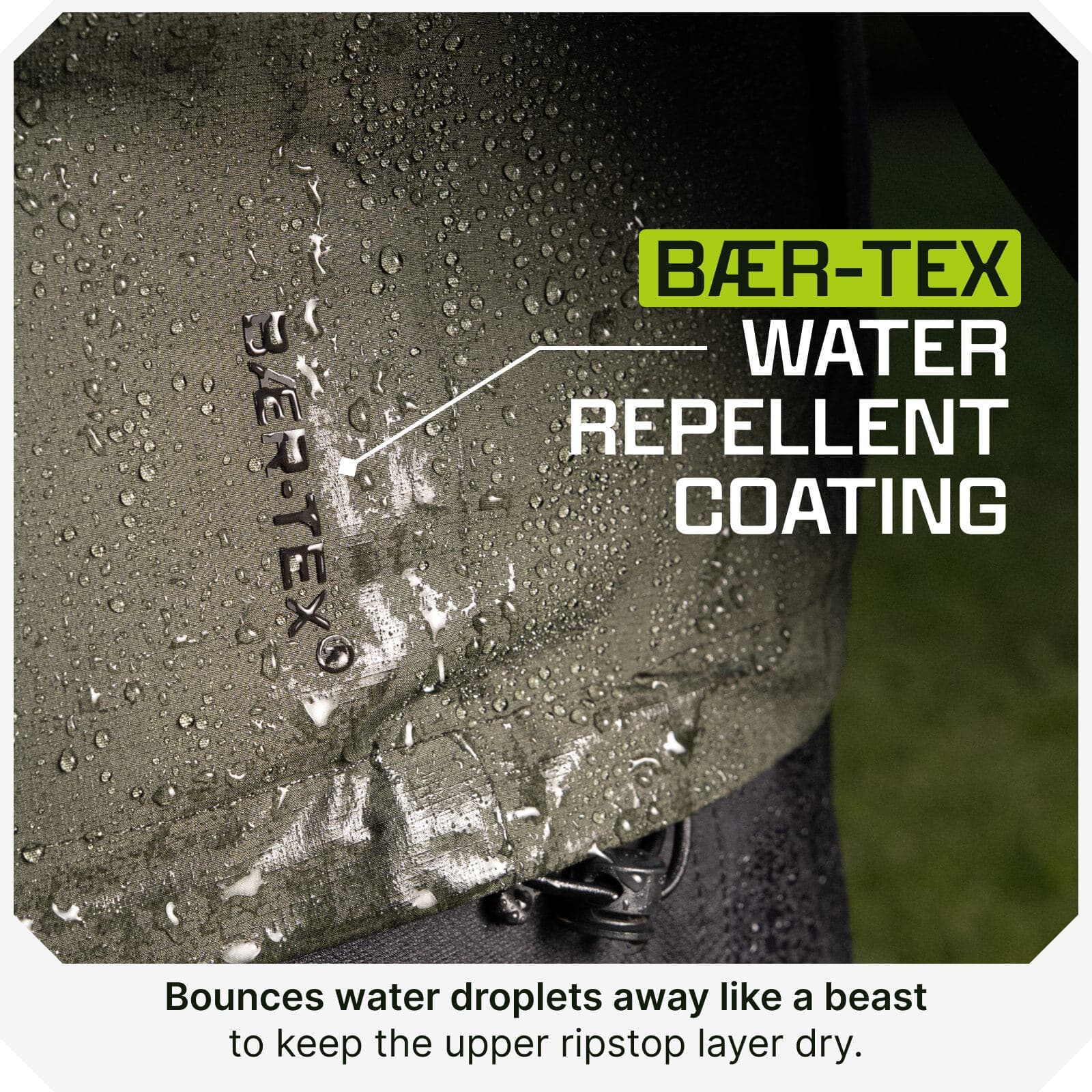 Close-up of olive green ripstop fabric with water beading on the surface, showing Baer-Tex water repellent coating