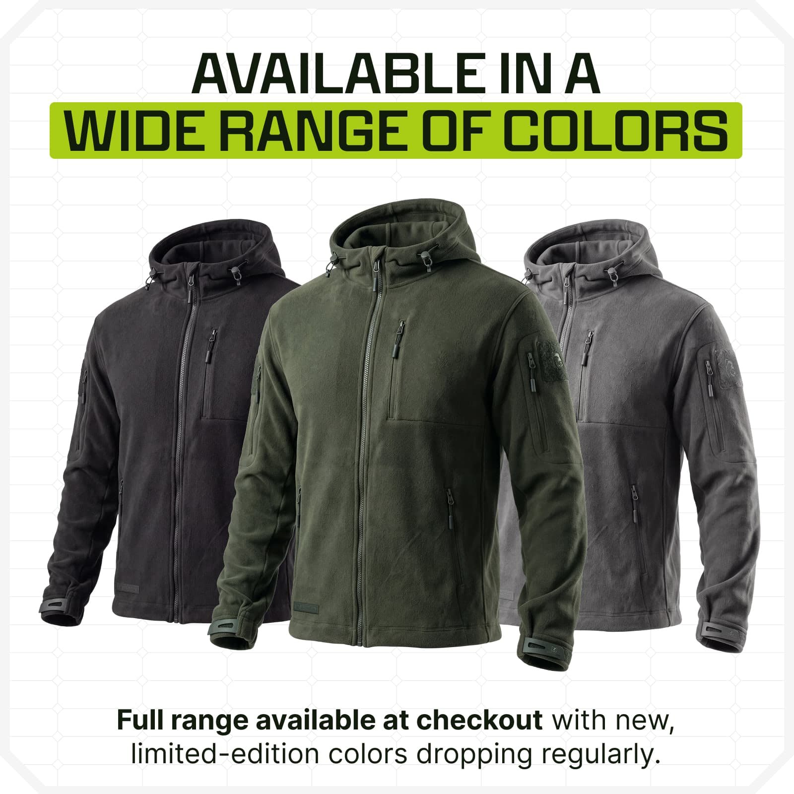 Tactical fleece hooded jacket with zip pockets, shown in black, olive green, and gray color options