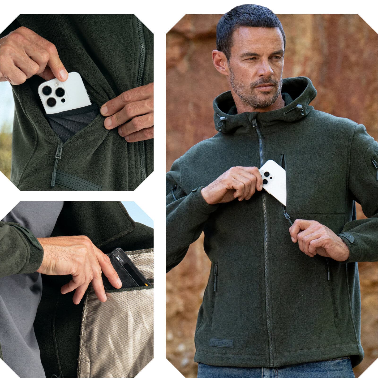 Man wearing olive green fleece hooded jacket with hidden chest pocket holding smartphone, plus close-ups of phone and card storage pockets