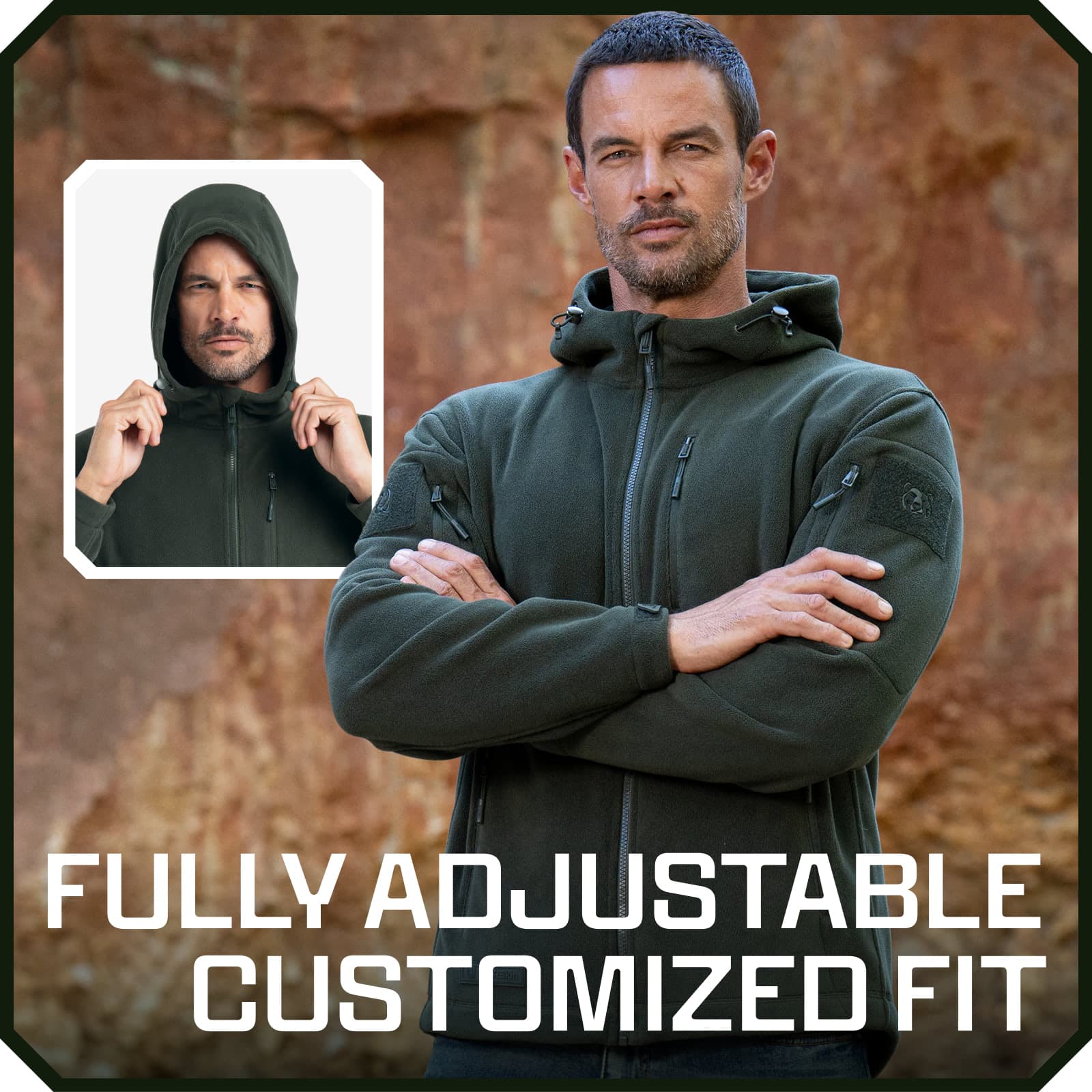 Man wearing olive green tactical fleece hoodie with adjustable hood, zippered pockets, and shoulder patch