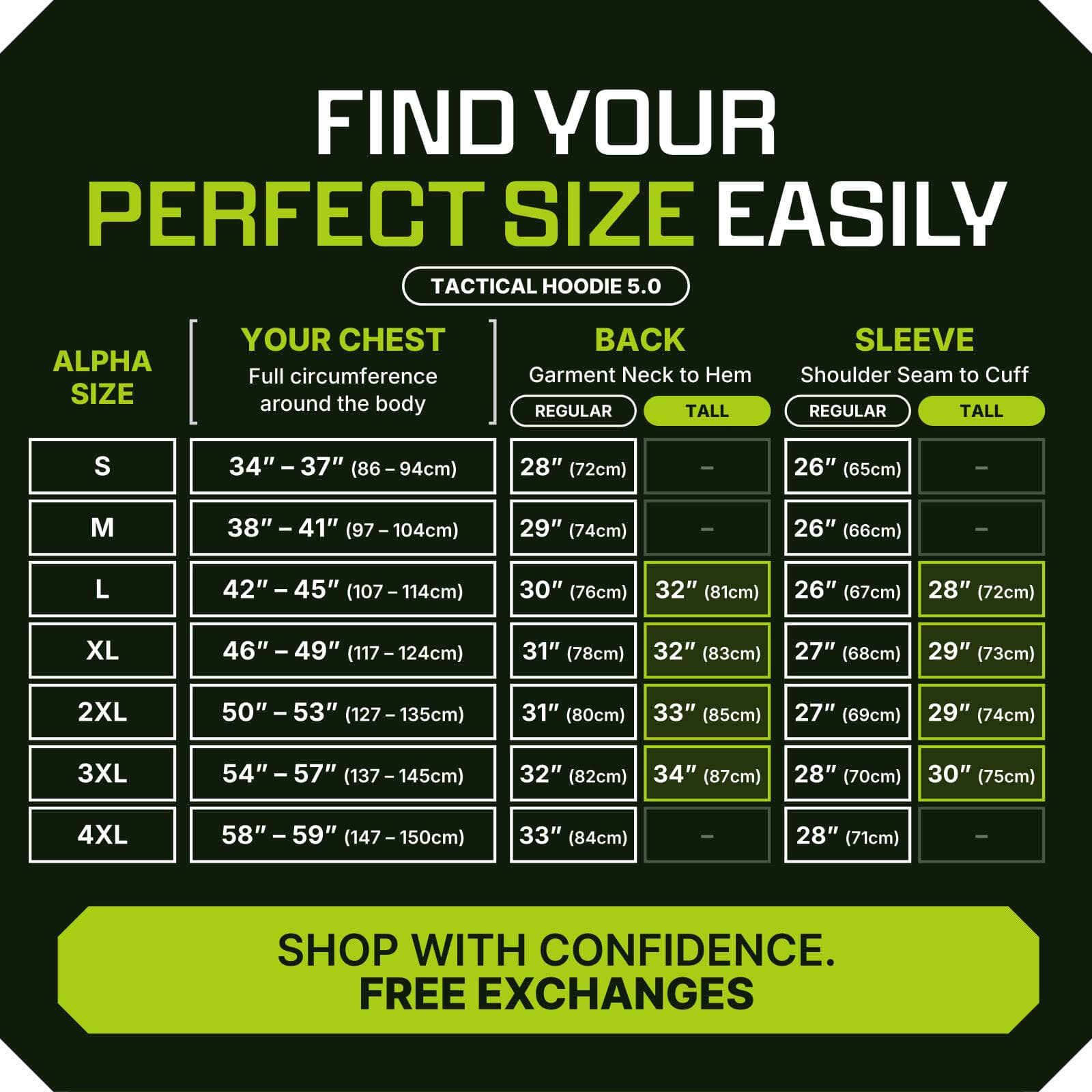 Tactical Hoodie 5.0 size chart for S–4XL with chest, back, and sleeve measurements in regular and tall; free exchanges
